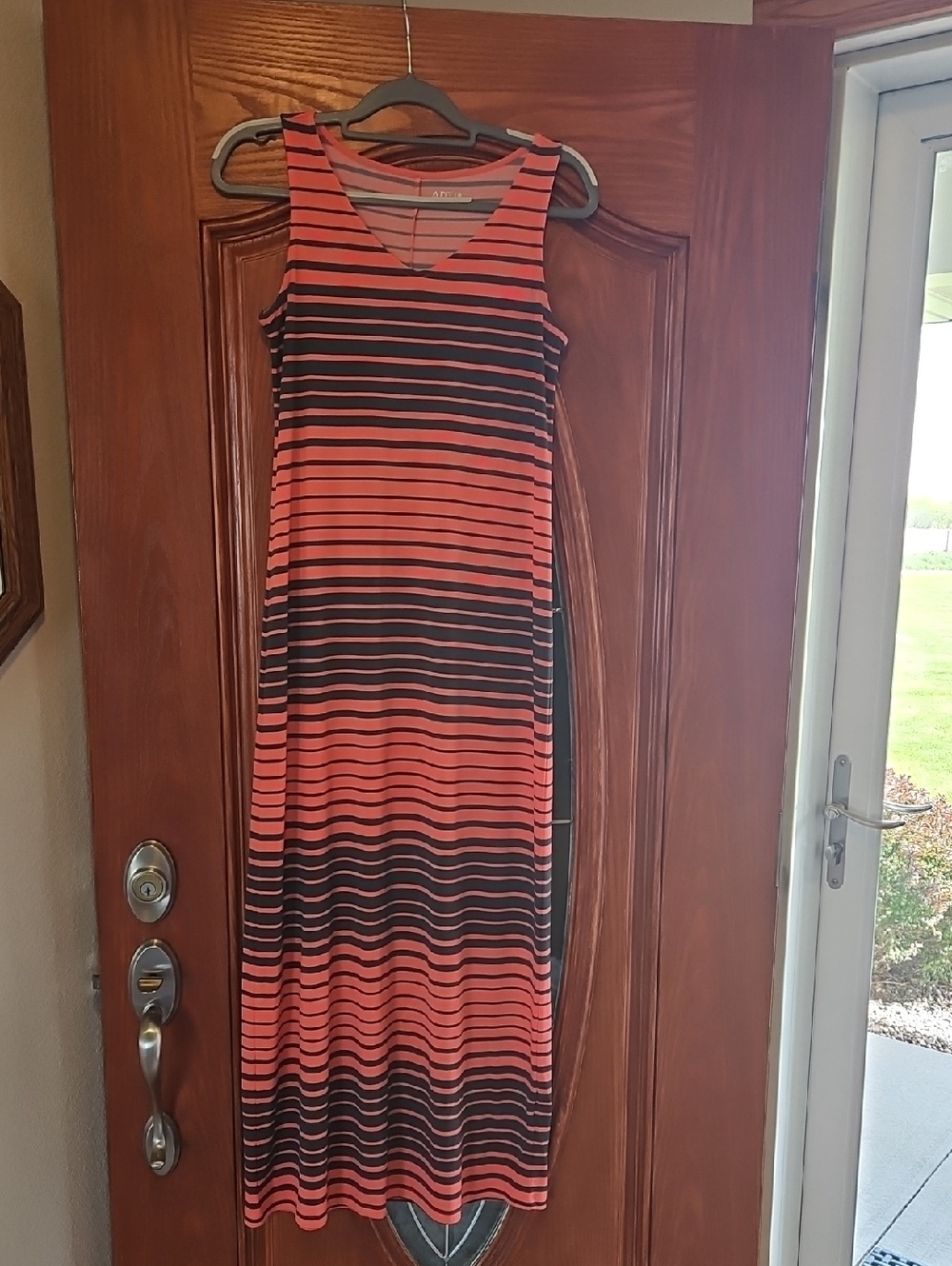 Sleeveless Coral and Grey Striped Maxi Dress